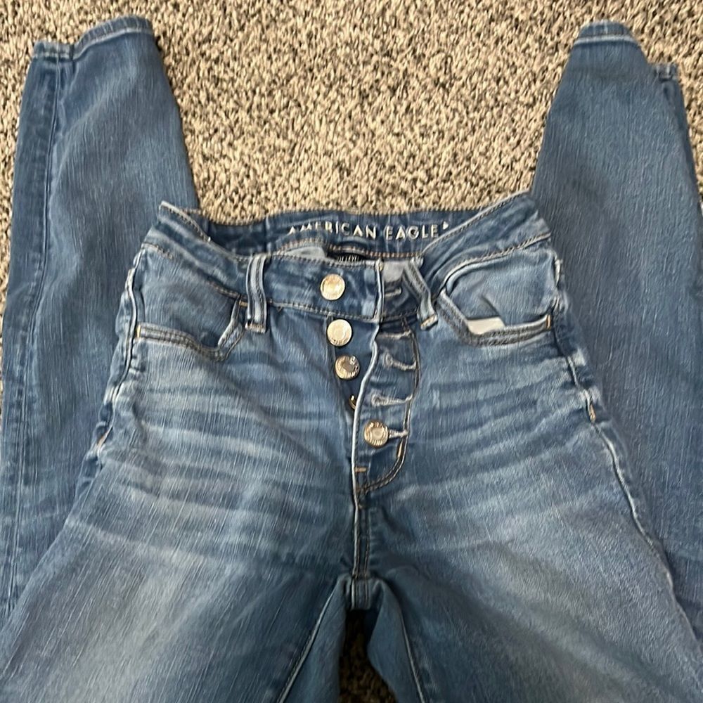 American Eagle - super hi rise jegging - button-fly - blue jeans - size 00 short - Picture 2 of 6